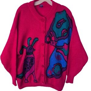 Vintage Abstract Print Red Oversized‎ Cardigan Sweater Mohair Blend Artsy Lrg
